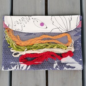 Könnte beinhalten: Ein rechteckiger Bastel-Organizer mit transparenter Vorderseite, der farbenfrohes Stickgarn zeigt. Die Hülle hat eine weiße Klappe mit schwarzem Blumendesign und einen lila Druckknopfverschluss. Der Grundstoff ist marineblau mit einem weißen Punktmuster.