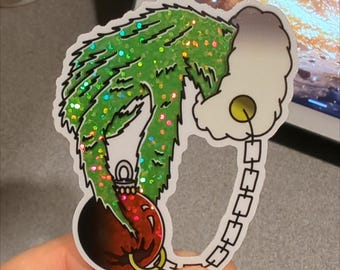 Grinch Hand Glitter Christmas Sticker | American Traditional Tattoo Art
