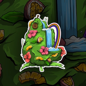 Puede incluir: Una ilustración de dibujos animados de una montaña verde y frondosa con una cascada, un arcoíris y una guitarra. La montaña está rodeada de flores y frutas tropicales.