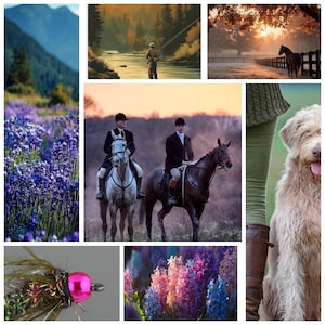 May include: A collage featuring a mountain landscape, a person fly fishing, a horse in a field at sunrise, two riders on horseback, a shaggy dog, a pink fishing lure, and vibrant purple and pink hyacinth flowers in a field.