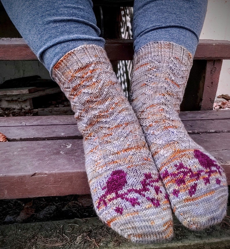 Pine Siskin Sock Pattern, knitting pattern, colourwork, lace sock knitting pattern image 5