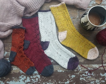 DK Sweater Weather Sock Collection, Toe Up Construction, Sock Knitting Pattern
