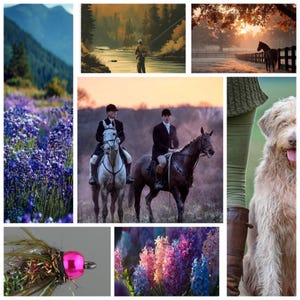 Puede incluir: Un collage que muestra un paisaje montañoso, una persona pescando con mosca, un caballo en un campo al amanecer, dos jinetes, un perro peludo, un señuelo de pesca rosa y flores de jacinto moradas y rosas en un campo.