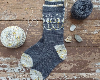 Moon Phase Socks, Cuff Down Construction, Sock Knitting Pattern