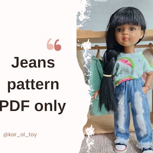 May include: A doll wearing a light blue t-shirt with a watermelon print and distressed denim jeans. The doll has long black hair and brown eyes. The text "Jeans pattern PDF only" and "@kar_ol_toy" is visible in the image.