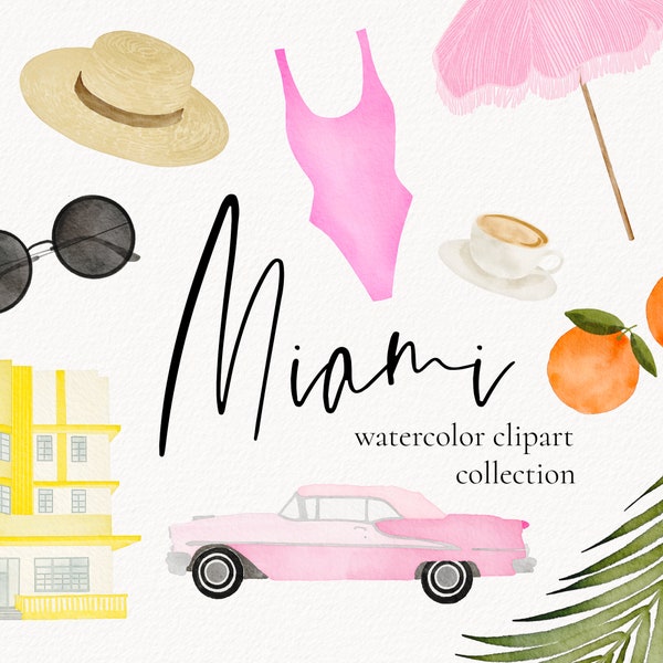 Miami Watercolor Clipart, Miami Bachelorette Clip Art, Miami Bachelorette Invitations, South Beach Bachelorette Invite,  Miami South Beach