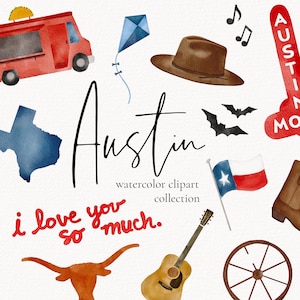 Austin Texas aquarel clipart, Austin kaart, Austin Texas bruiloft, vrijgezellen aquarel illustraties, Austin Texas illustraties, Austin Art