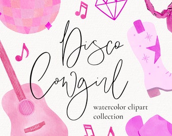Nashville Bachelorette  Disco Cowgirl Watercolor Clipart, Watercolor Bachelorette Invitations, Bachelorette Party, Space Cowgirl Nash Bash