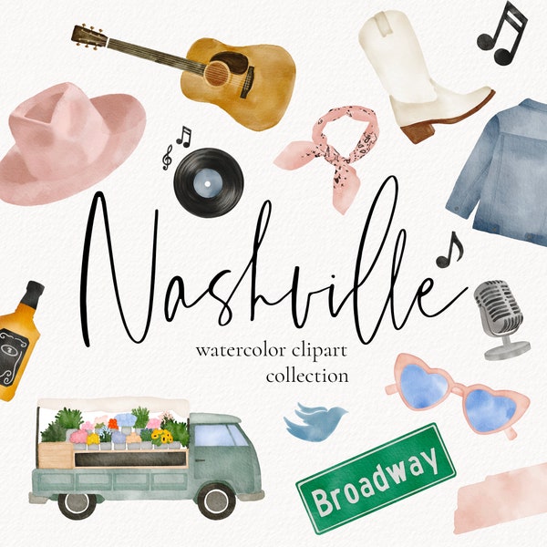Nashville Bachelorette Watercolor Clipart, Nash Bash Watercolor Bachelorette Invitations, Bach Party, Disco Cowgirl, Nashville Watercolor