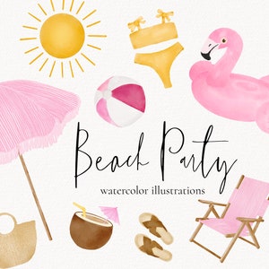 Tropisch strand aquarel, pool party vrijgezellenfeest illustraties, vrijgezellenfeest uitnodigingen, pool party verjaardagsuitnodiging, Bach Beach aquarel