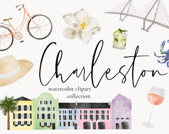Charleston Bachelorette Watercolor Clipart, Charleston Clip Art, Watercolor Bachelorette Party Invitations, Charleston Illustrations