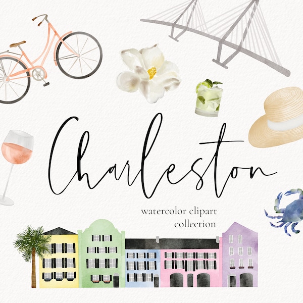 Charleston Watercolor Clipart, Charleston Bachelorette Watercolor Clip Art, Charleston Illustrations