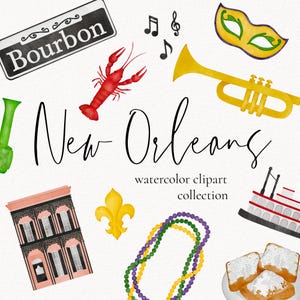 New Orleans Clipart, Mardi Gras Clipart, New Orleans Watercolor Clipart, NOLA Bachelorette, Louisiana Illustrations, New Orleans Wall Art