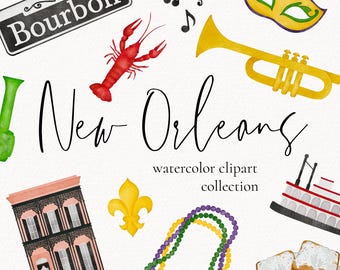 Clipart z Nowego Orleanu, Clipart z Mardi Gras, Clipart z Akwarelami Nowego Orleanu, Wieczór panieński NOLA, Ilustracje z Luizjany, Sztuka ścienna Nowego Orleanu