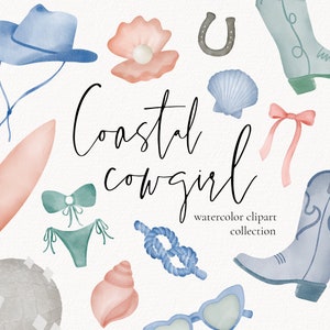 Coastal Cowgirl Watercolor Clipart, Coastal Cowboy Illustrations Watercolor Clip Art, Coastal Bachelorette Clipart, Seashell Illustrations