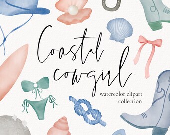 Coastal Cowgirl Watercolor Clipart, Coastal Cowboy Illustrations Watercolor Clip Art, Coastal Bachelorette Clipart, Seashell Illustrations