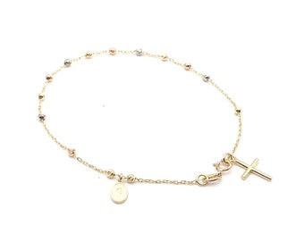 18K Gold Rosary Bracelet with Tri-Color Beads • Religious Bracelet • 2MM Beads Bracelet • 7.1 Inches Beaded Bracelet • Real Gold Bracelet