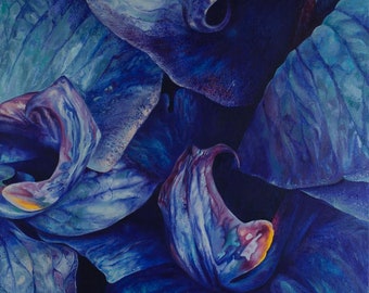 Ready to Ship - Blue Flowers - Oil medium on Canvas Original Detailed Art 1pc