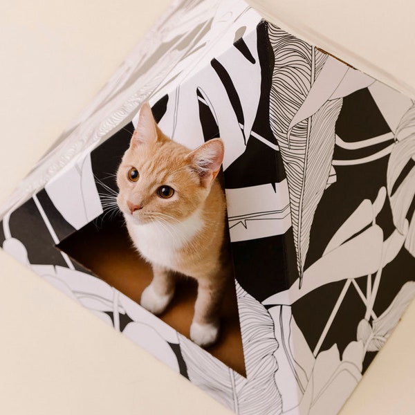 Kitty Kardboard | Modern Pet House | Stylish Cat Bed | Eco-Friendly Cat Teepee | Purrfect Gift for Cats and Cat Lovers | Black White Leaves