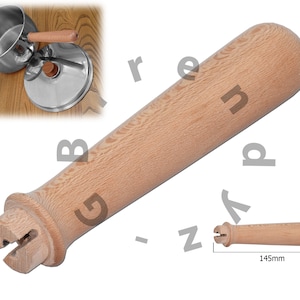 May include: Wooden mallet with a rounded head and a handle with a split end. The mallet is 145mm long.