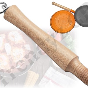 May include: A wooden rolling pin with a metal ring attached to the top. The rolling pin has a natural wood finish and a threaded end. The rolling pin is a kitchen tool used for rolling out dough.