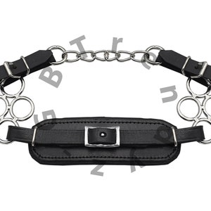 May include: Black leather horse bit with a chain and a silver ring design.