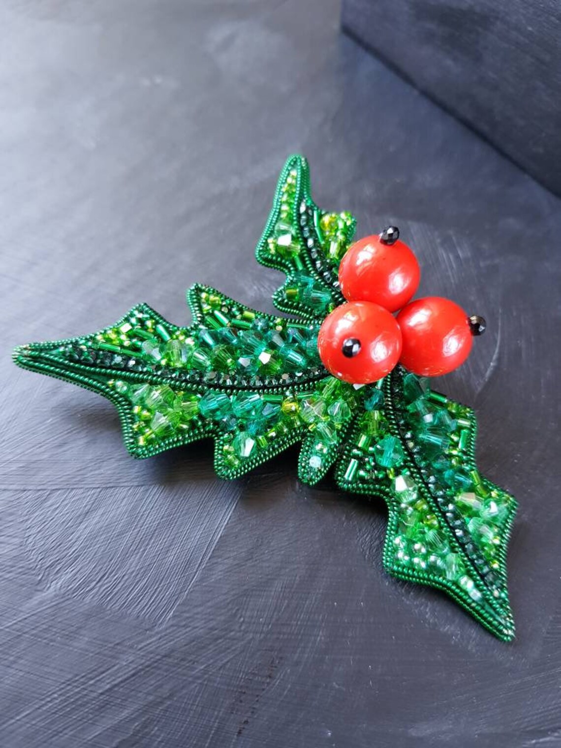Brooch handmade beads Custom christmas brooch Holly brooch Etsy