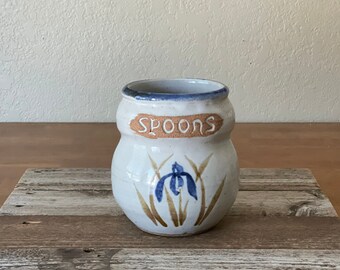 Pottery Utensil Holder With Hand Painted Iris