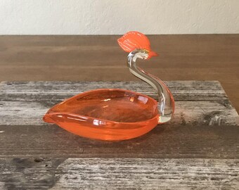 Vintage Orange and Clear Art Glass Crane Incense / Cigarette / Paint Brush Holder