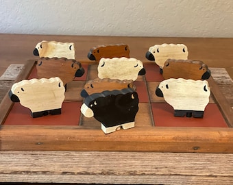 Wooden Tic Tac Toe Game With Painted Wood Sheep