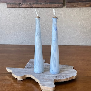 2 Glass Oil Lamps Made in Turkey Blue, White, and Gray
