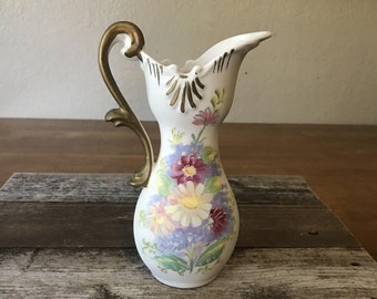 Vintage Enesco Floral Bud Vase Pitcher Gold Trim