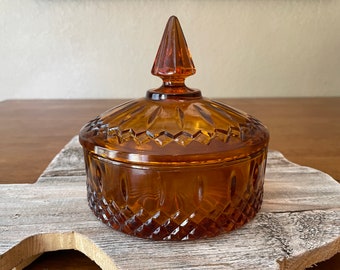 Amber Candy Dish with Lid Indiana Glass Princess Pattern