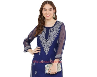 Afia Lucknowi Chikankari Royal blue color Gala Booti Exquisite Georgette Fabric super soft and super comfortable Kurti Ethnic Wear for Women