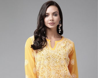 Afia Lucknowi Chikankari yellow color georgette fabric short kurti handmade, handcrafted and hand embroidered to be paired with jeans