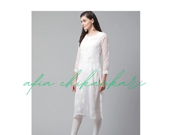 Chikankari Kurti Handmade White top : soft Georgette fabric Gala Booti Indian Wear