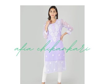 Chikankari Kurti Handmade Lucknowi : パープル ソフト ジョーゼット ガラ ブーティ ワーク レディース トップ