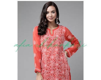 Afia Lucknowi Chikankari Red color georgette fabric short kurti handmade, handcrafted and hand embroidered to be paired with jeans