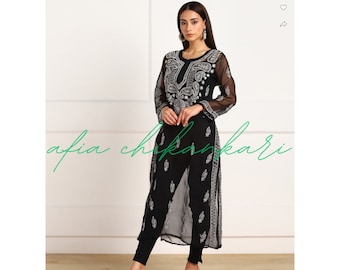 Afia Lucknowi Chikankari Black Gala Booti Exquisiter Georgette-Stoff super weich und super bequem Kurti - Elegante ethnische Kleidung für Frauen