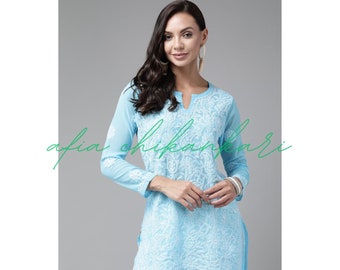 Afia Lucknowi Chikankari blue color georgette fabric short kurti handmade, handcrafted and hand embroidered to be paired with jeans