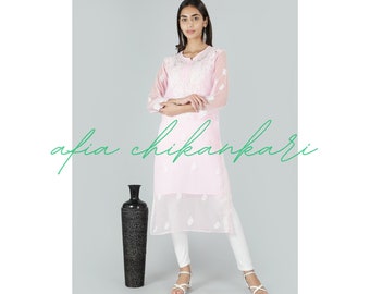 Afia Lucknowi Chikankari Pink Gala Booti Exquisite Georgette Fabric super soft and super comfortable Kurti - Elegant Ethnic Wear for Women