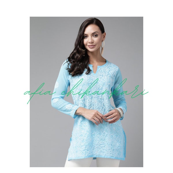 Afia Lucknowi Chikankari blue color georgette fabric short kurti handmade, handcrafted and hand embroidered to be paired with jeans