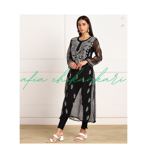 Afia Lucknowi Chikankari Black Gala Booti Exquisite Georgette Fabric super soft and super comfortable Kurti - Elegant Ethnic Wear for Women