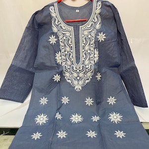 Afia Lucknowi Chikankari Grey color Kurti with heavy white thread embroidery on the neck for traditional office and regular wear
