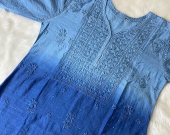 Chikankari Short Kurti Ombre Blue Chanderi fabric – Hand-embroidered with Fine Sequins Work tunic