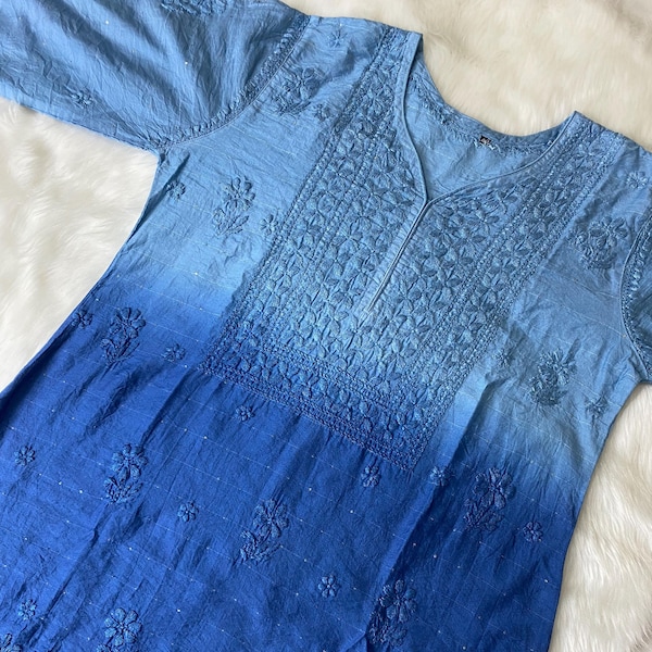 Chikankari Short Kurti Ombre Blue Chanderi fabric – Hand-embroidered with Fine Sequins Work tunic