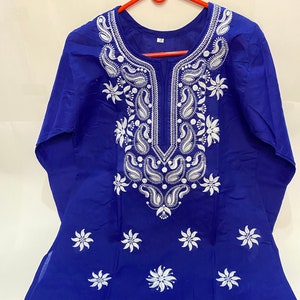 Lucknowi Chikankari Kurti: Royal Blue Cotton Blend, White Embroidery