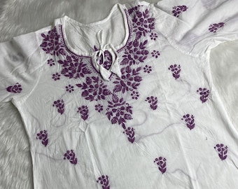 Hand Embroidered Chikankari Cotton Kurti: Boho Floral Tunic Top