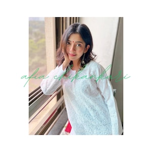 Afia Lucknowi Chikankari white color very soft georgette fabric long kurti handmade, handcrafted and hand embroidered