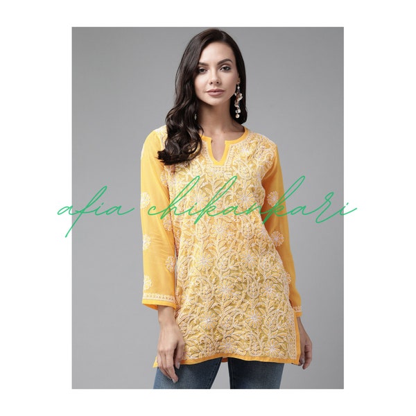 Afia Lucknowi Chikankari yellow color georgette fabric short kurti handmade, handcrafted and hand embroidered to be paired with jeans